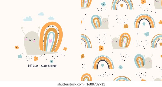 Graphic set of hand drawn illustration and seamless pattern with cute snails. Cute t-shirt and textile design for kids clothing.  