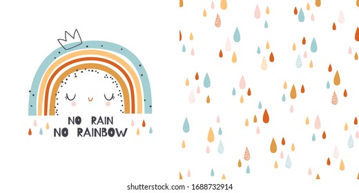 Graphic set of hand drawn illustration and seamless pattern with rainbow. T-shirt and textile design for kids clothing.  