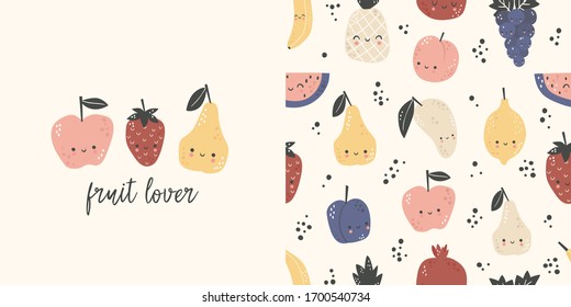 Graphic set hand drawn illustration   seamless pattern and cute fruits  Cute t  shirt   textile design for kids clothing  Use for  fashion wear  t  shirt print  textile  surface design  Vector