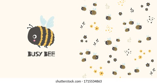 Graphic set of hand drawn illustration and seamless pattern with cute little bee. Funny t-shirt and textile design for kids. Use for  fashion wear, apparel, t-shirt print, textile, surface design