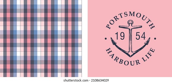 Grafische Zusammenstellung von handgezeichnet gezeichneter Illustration und geplaid nahtlosen Mustern mit Marine . Cute T-Shirt und Textil Design für Kinderbekleidung. Verwendung für Mode-Verschleiß, T-Shirt-Druck, Textilien, Oberflächendesign. Vektorgrafik