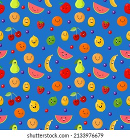 Graphic set of hand drawn illustration and seamless pattern with cute fruits. Cute fruit pattern, texture in childish style for printing fabrics, t-shirt, textile, design for kids clothing. Vector