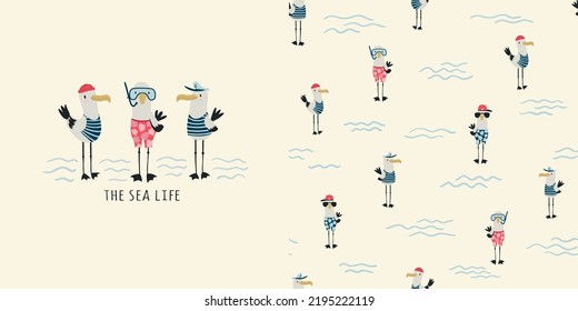 Graphic set of hand drawn illustration and seamless pattern with cute seagulls. Cute t-shirt and textile design for kids clothing. Use for fashion wear, apparel, t-shirt print, textile, surface design