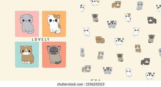 Graphic set of hand drawn illustration and seamless pattern with cute little kittens. T-shirt and textile design for kids. Use for fashion wear, apparel, t-shirt print, textile, surface design. Vector