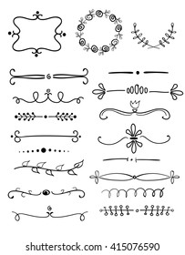 graphic set of  hand drawn wreaths, frames, laurels and text dividers, vector design elements
