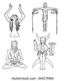 Graphic set with hermit, beautiful lady and fantasy characters. Hand drawn engraved illustration with people. 
