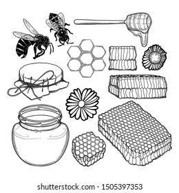 Graphic set of honey bottles, caps, dripper, honeycombs, bees and meadow flowers isolated on white background. Isolated vector design