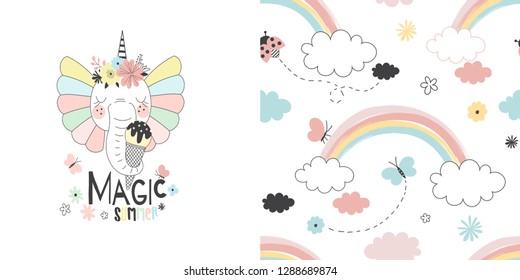 Graphic set with illustration of Fancy cute elephant unicorn with ice cream and summer rainbow seamless pattern. Creative fairy background. Perfect for kids apparel, fabric, textile, nursery