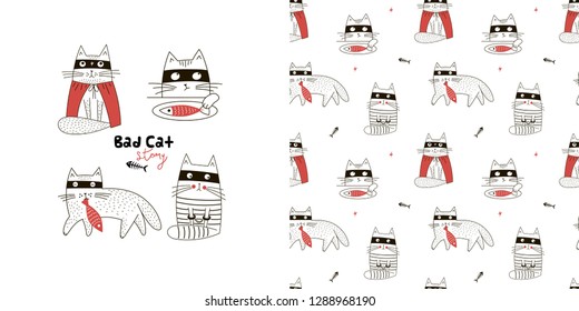 Graphic set with illustration and seamless pattern of funny cartoon bad cats. Cat hero, Cat thief, Cat with fish, Prisoned cat. Red and black colour palette. Cool vector graphic for apparel t-shirt
