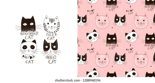 Graphic set of illustration and seamless pattern with funny cartoon hand drawn cats heads. Cool kids vector graphic for apparel t-shirt print, textile, poster cardmaking and other surface pattern