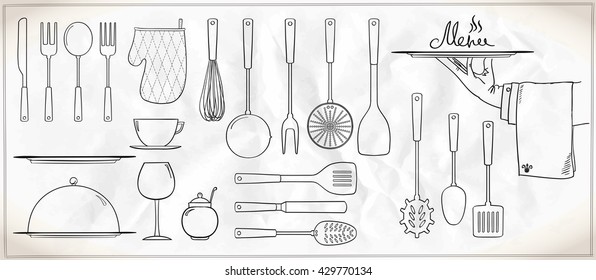 Graphic set of kitchen utensils and tableware
