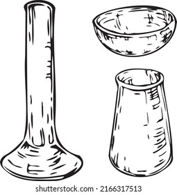 Graphic set of laboratory utensils. Petri dish, flasks