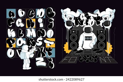 Graphic set of letters. space party font in sketch style for kids and teens design. DJ and dancers astronauts and fun bubble font