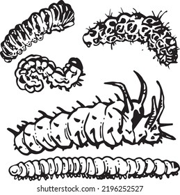 Graphic set of monochrome caterpillars of different species. Vector contour image for scrapbooking, textiles, chancery, wrapping paper