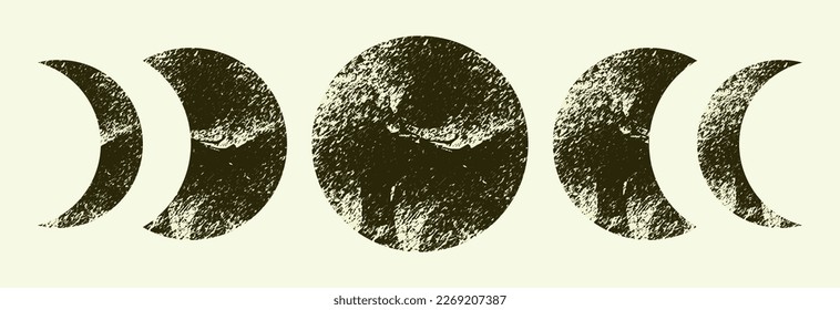 Graphic set with moon phases. Image of the cycle of the moon in vintage style. Textured moon with a magic vibe. Black and white image. Vector.