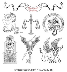 Graphic set with mystic symbols and emblems isolated.  Line art vector illustrations of engraved signs and emblems. Doodle fantasy drawings and hand drawn sketches 