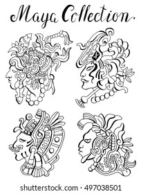 Graphic set with native amercian indians, maya, inca or aztecs portraits with headdresses. Tribal boho hair styles. Vector graphic and doodle illustration, ethnic sketches, faces of warriors on white