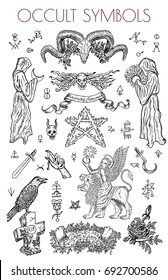 Graphic set with occult symbols and illustrations. Esoteric vector engraved illustrations, tattoo gothic and wicca concept drawings on white