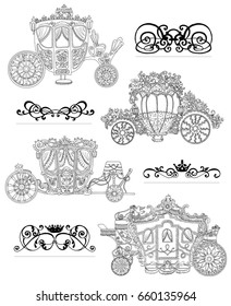 Graphic set with old carriages and vignette patterns isolated on white. Vector illustration with vintage design elements. Suitable for invitation, greeting cards