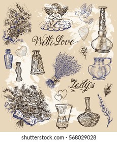 Graphic set with old perfume bottles, flowers and angel. Hand drawn engraved illustration. Vintage drawing in sketch style. 