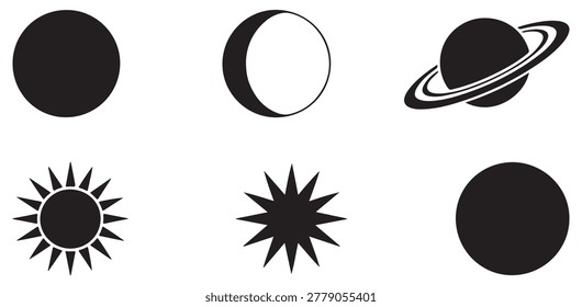 Graphic set of outer space objects including lunar crescent radiant sun planet with rings and circular bodies.