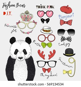 graphic set of panda bear and fashion accessories, design it yourself