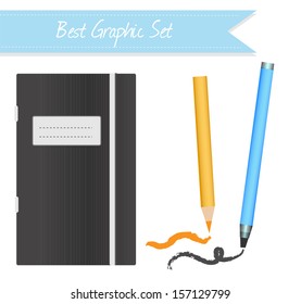 Graphic set, pencil, pen, notebook