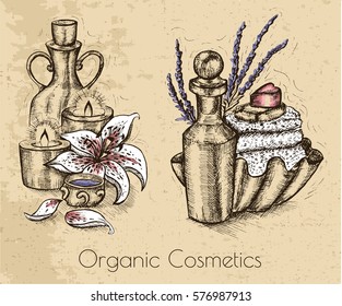 Graphic set with perfume bottles, candles, lily flower and spa accessories on texture background. Hand drawn engraved illustration. Natural cosmetics ingredients, vintage design 
