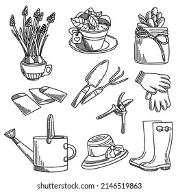 Graphic set of potted plants, garden tools and garden clothes.