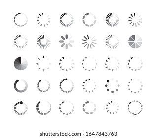 Graphic set of progress loaders circle icons vector illustration isolated on white background. Electronic device interface symbols of preloaders and buffering process.