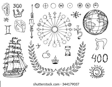 Graphic set with sailing ship, globe and mystic symbols. Hand drawn engraved collection. 