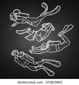 Graphic set of scuba divers drawn in line art style isolated on chalkboard. Marine hobby. Sea and ocean vector illustration