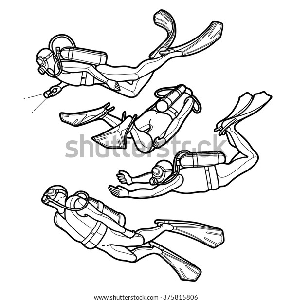 白い背景に線画スタイルで描かれたスキューバダイバーのグラフィックセット 海洋趣味 海と海のベクターイラスト 大人や子ども向けの塗り絵本のページデザイン のベクター画像素材 ロイヤリティフリー