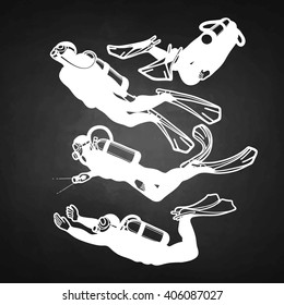 Graphic set of scuba divers silhouettes isolated on chalkboard. Marine hobby. Ocean vector illustration
