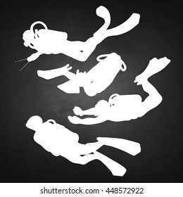 Graphic set of scuba divers silhouettes isolated on chalkboard. Marine hobby. Ocean vector illustration