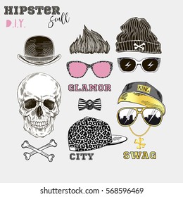 graphic set of scull and modern fashion accessories, design it yourself