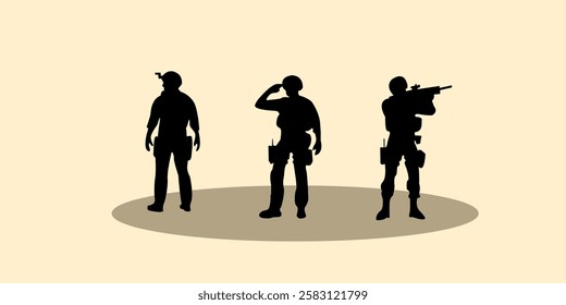 Graphic set silhouette of army characters illustration. Icon of men shadow character. Vector design.