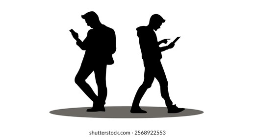 Graphic set silhouette of a business man and phone concept. 2D icon person people on phone shadow. vector illustration.