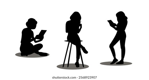 Graphic set silhouette of a silhouette of a business woman and a laptop and mobile tablet concept. 2D icon person people on laptop and mobile tablet shadow. vector illustration.