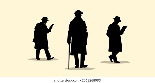 Graphic set silhouette of detective concept. 2D icon of detective on black. Vector illustration.