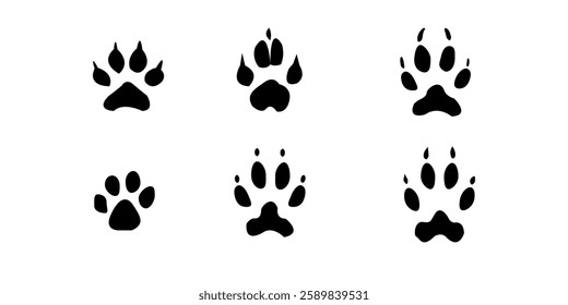 Graphic set silhouette of dog footprints. 2D icon of footstep animal on black shadow template. vector illustration.