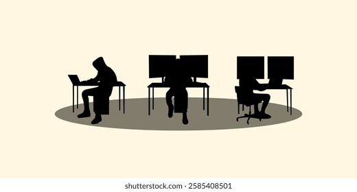 Graphic set silhouette of hacker illustration. 2D icon of man shadow dark. Cyber attack crime. vector illustration.