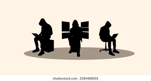 Graphic set silhouette of hacker illustration. 2D icon of man shadow dark. Cyber attack crime. vector illustration.