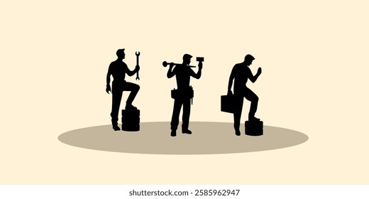 Graphic set silhouette of mechanic worker. 2D icon of man shadow dark. vector illustration.