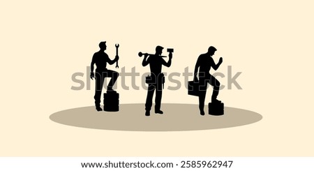 Graphic set silhouette of mechanic worker. 2D icon of man shadow dark. vector illustration.