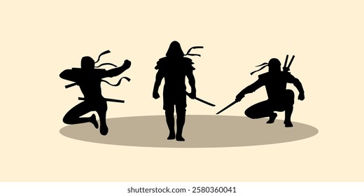 Graphic set silhouette of ninja illustration. Icon of assasin shadow character. Vector design.