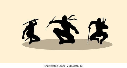 Graphic set silhouette of ninja illustration. Icon of assasin shadow character. Vector design.