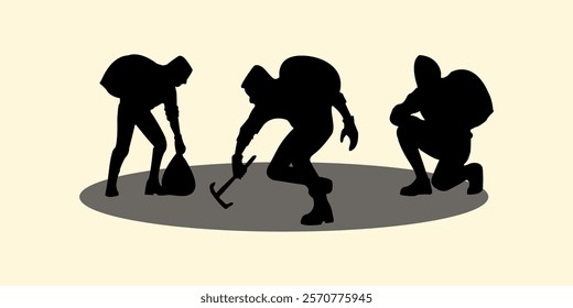 Graphic set silhouette of robber concept. 2D icon of man shadow dark. vector illustration.