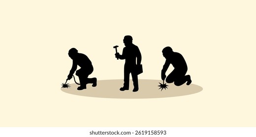 Graphic set silhouette of welding profession concept. Icon of worker man industrial job on black. Vector illustration.
