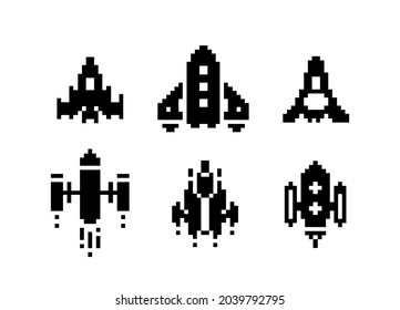 Graphic set of spaceship. black and white pixel art